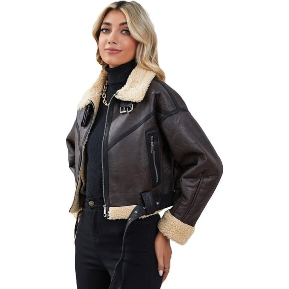 Womens Faux Fur Leather Jacket Short Bomber Coat Zipper Lapel LY VAREY LIN - Picture 2 of 7